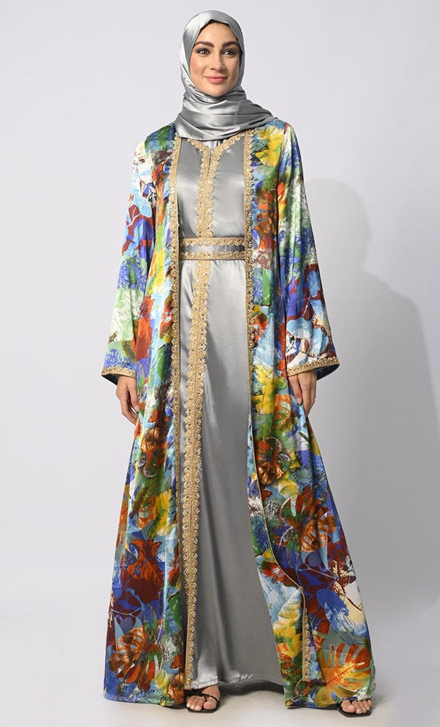 Luxurious Layers: Women's Printed Satin Shrug with Lining and Belt - EastEssence.com