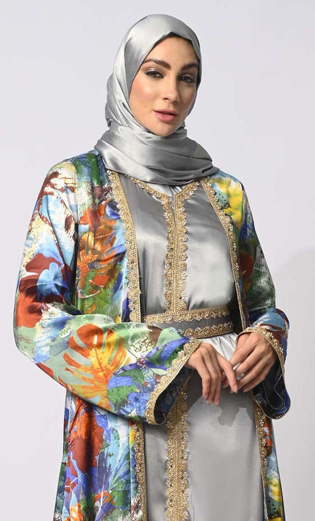 Luxurious Layers: Women's Printed Satin Shrug with Lining and Belt - Final Sale - EastEssence.com