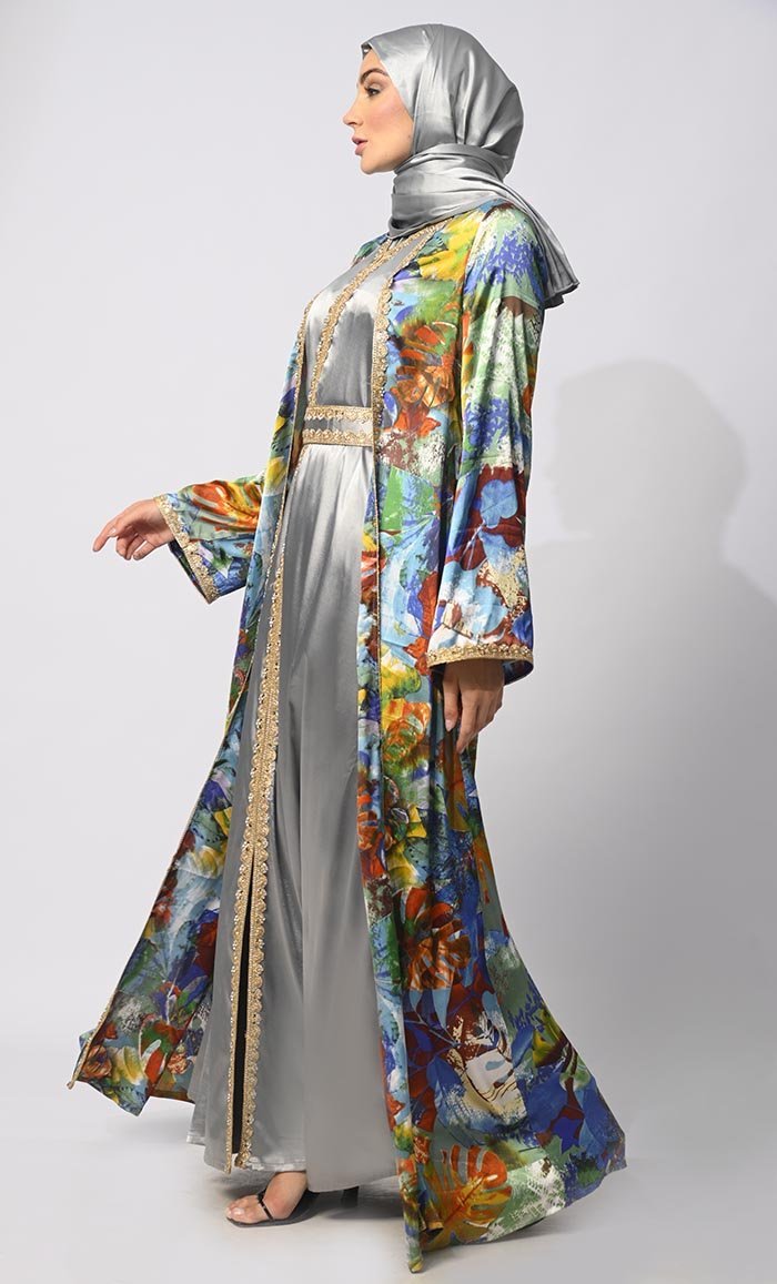 Luxurious Layers: Women's Printed Satin Shrug with Lining and Belt - Final Sale - EastEssence.com