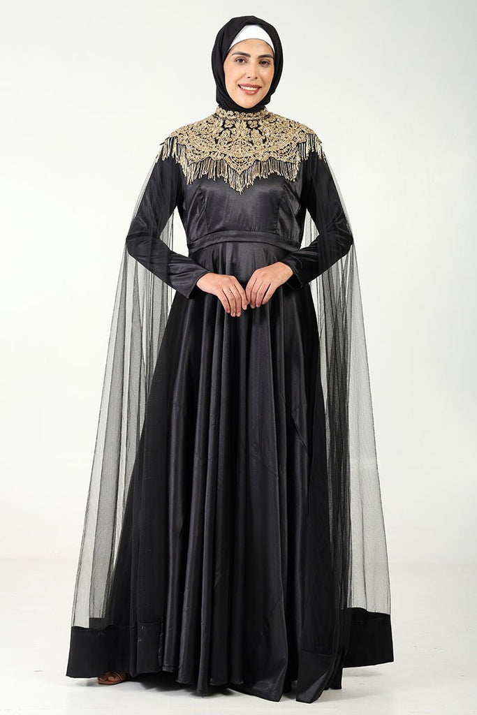 Luxurious Satin Flared Abaya with Metallic Golden Embroidery & Shoulder Net Drapes - EastEssence.com