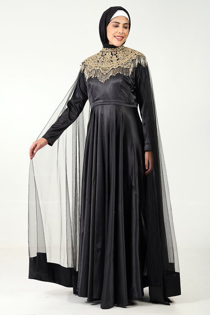 Luxurious Satin Flared Abaya with Metallic Golden Embroidery & Shoulder Net Drapes - EastEssence.com