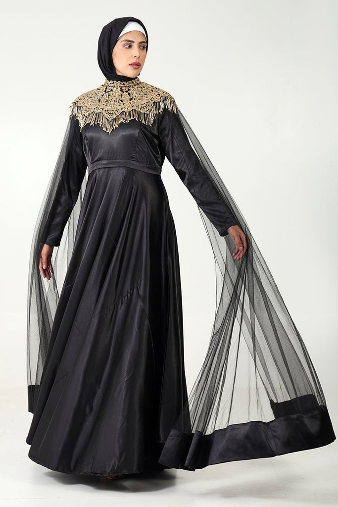 Luxurious Satin Flared Abaya with Metallic Golden Embroidery & Shoulder Net Drapes - EastEssence.com