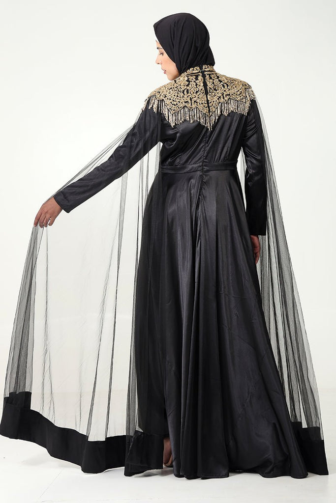 Luxurious Satin Flared Abaya with Metallic Golden Embroidery & Shoulder Net Drapes - EastEssence.com