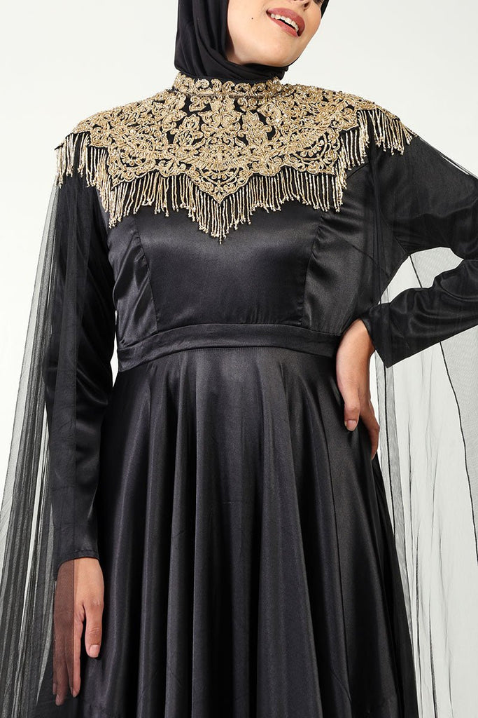 Luxurious Satin Flared Abaya with Metallic Golden Embroidery & Shoulder Net Drapes - EastEssence.com