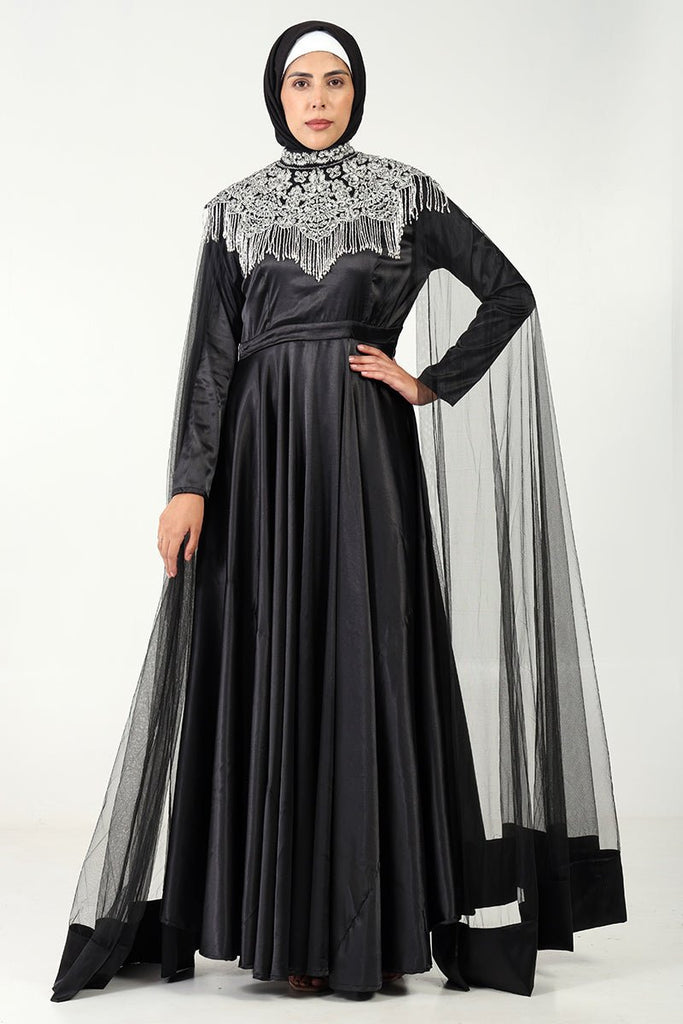 Luxurious Satin Flared Abaya with Metallic Silver Embroidery & Shoulder Net Drapes - EastEssence.com