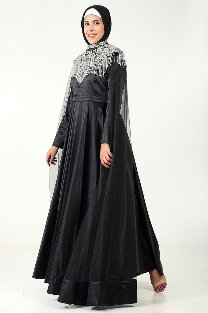 Luxurious Satin Flared Abaya with Metallic Silver Embroidery & Shoulder Net Drapes - EastEssence.com