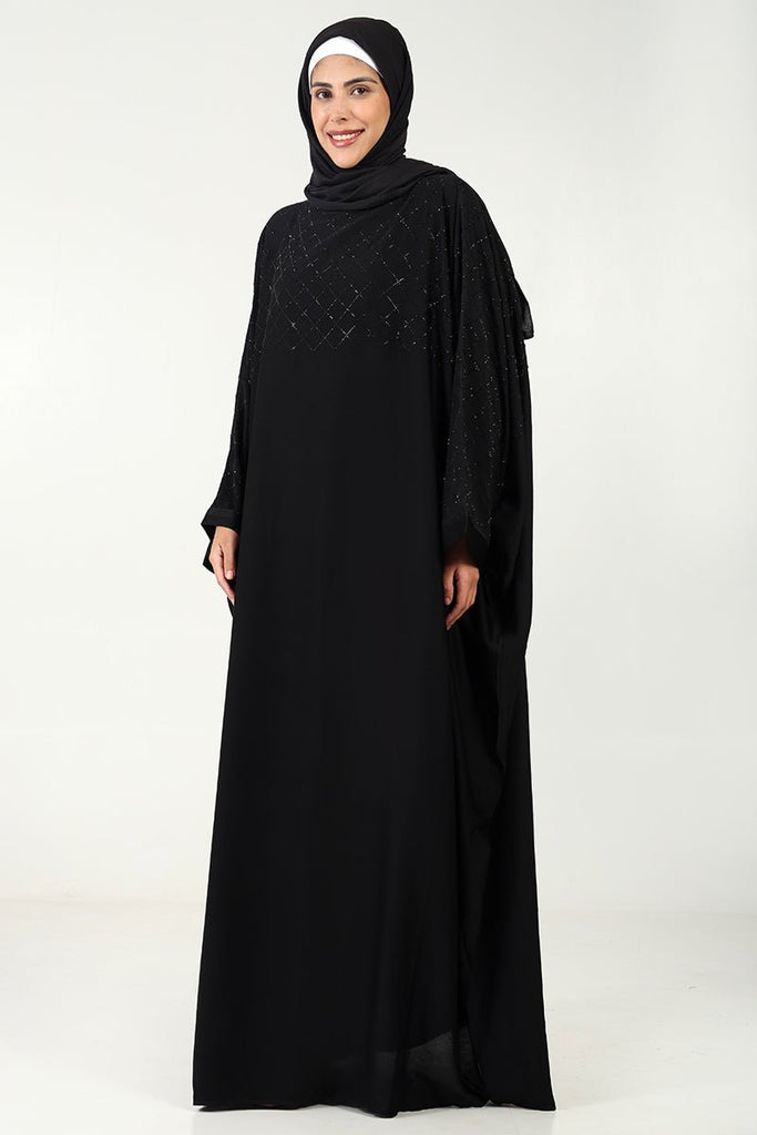 Luxurious TikTok Fabric Kaftan Abaya with Crystal Stone Work - Black - EastEssence.com