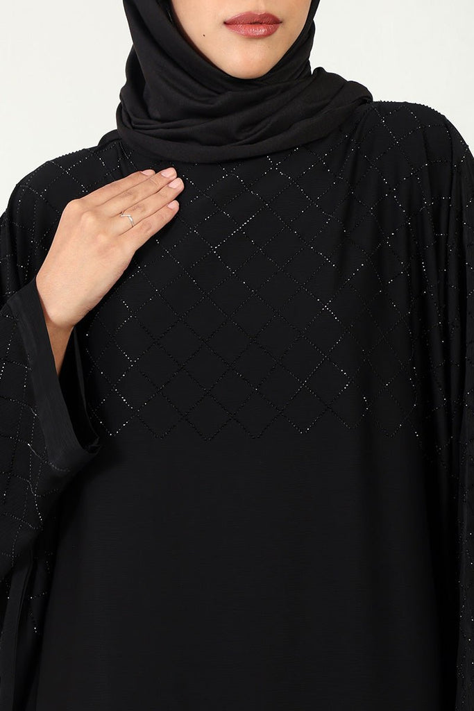 Luxurious TikTok Fabric Kaftan Abaya with Crystal Stone Work - Black - EastEssence.com