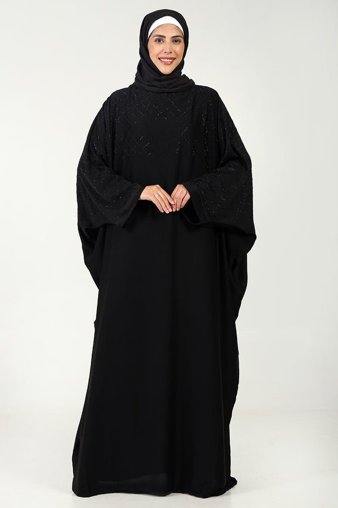 Luxurious TikTok Fabric Kaftan Abaya with Crystal Stone Work - Black - EastEssence.com