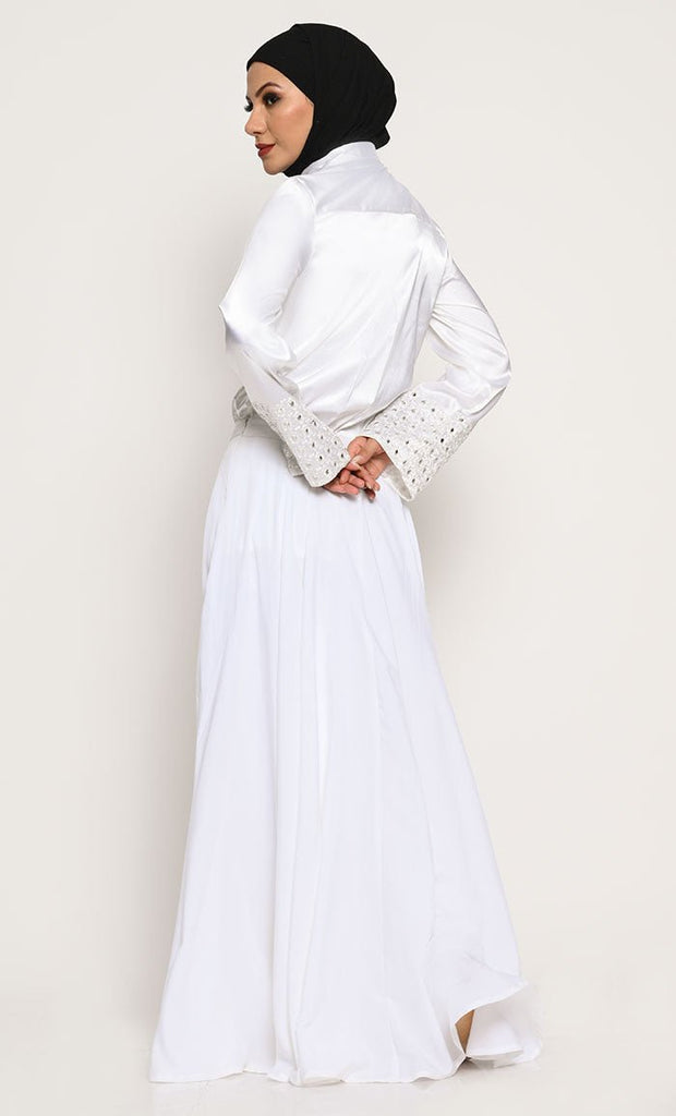 Luxurious White Shiny Satin Shirt and Crepe Skirt Set - EastEssence.com