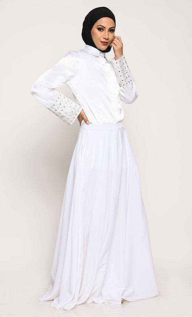 Luxurious White Shiny Satin Shirt and Crepe Skirt Set - EastEssence.com