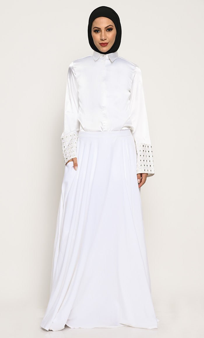 Luxurious White Shiny Satin Shirt and Crepe Skirt Set