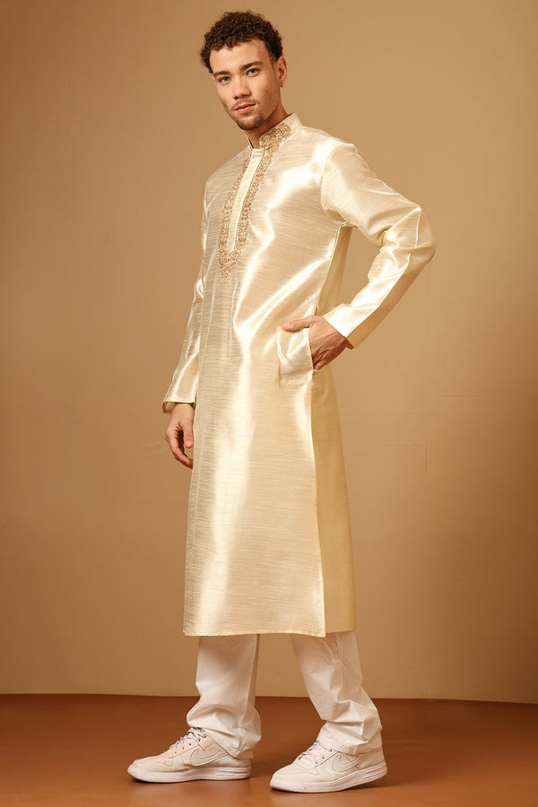 Luxury Dupion Silk Kurta Set for Men with Intricate Embroidery - EastEssence.com