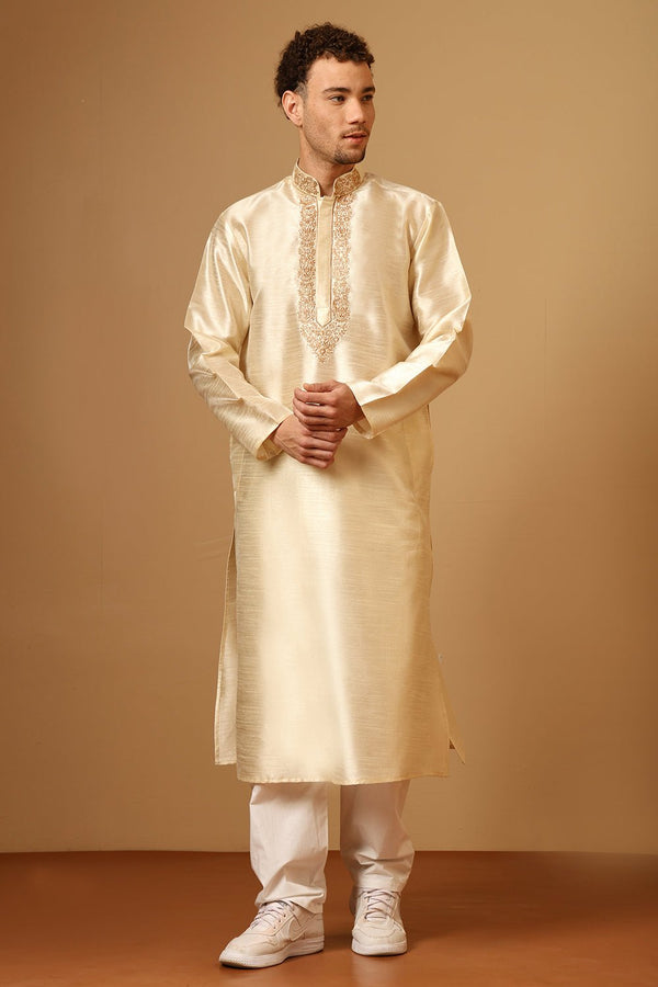 Luxury Dupion Silk Kurta Set for Men with Intricate Embroidery - EastEssence.com