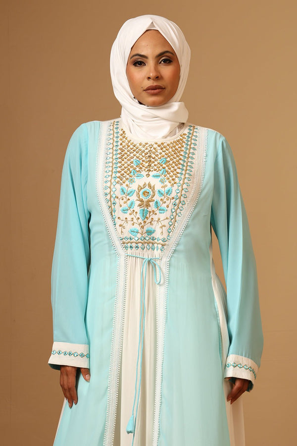 Luxury Fine Georgette Gold Zari Embroidered Arabian Abaya with Inner Lining - EastEssence.com