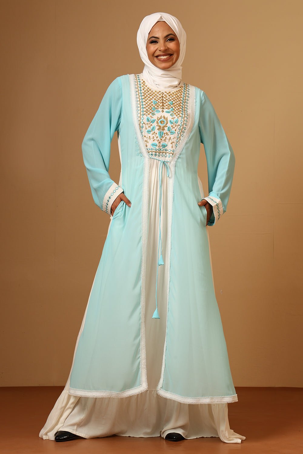 Luxury Fine Georgette Gold Zari Embroidered Arabian Abaya with Inner Lining - EastEssence.com