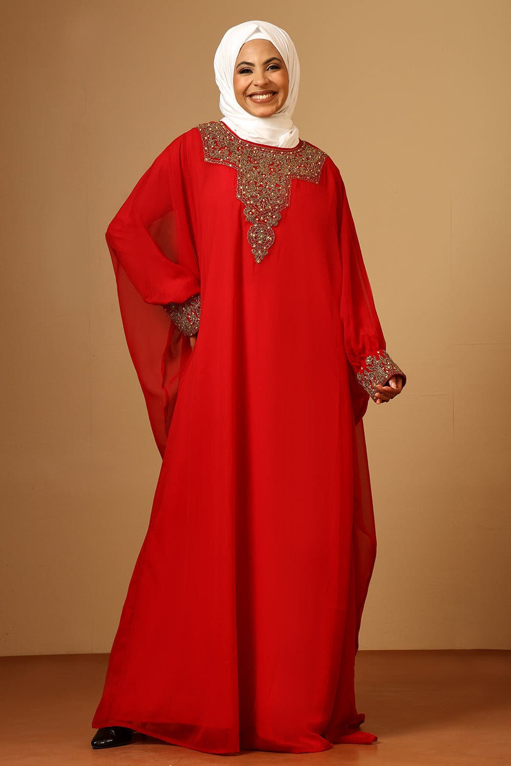 Luxury Fine Georgette Kaftan Abaya with Gold Zari Embroidery