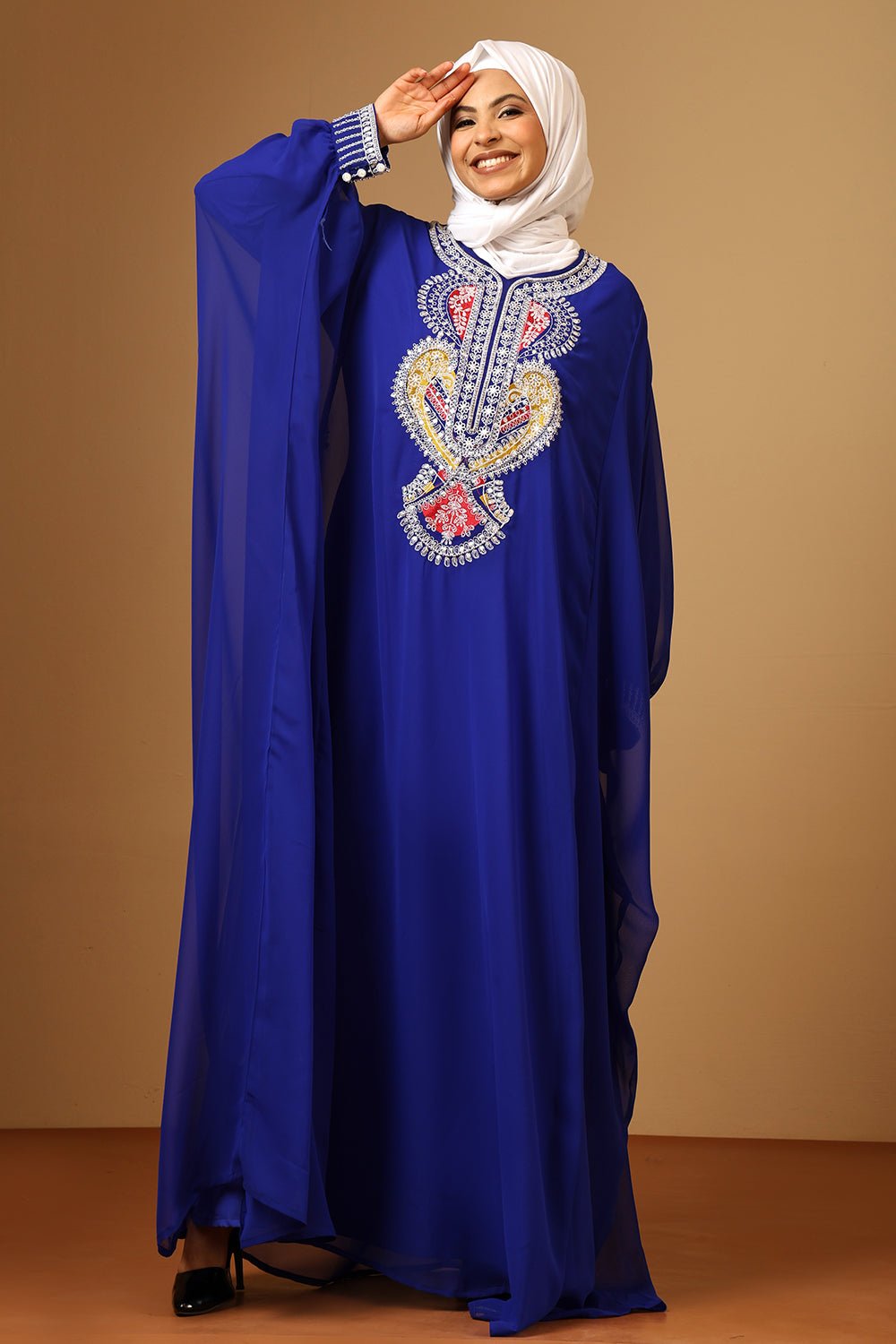 Luxury Fine Georgette Kaftan Abaya with Heavy Silver Zari Embroidery - EastEssence.com
