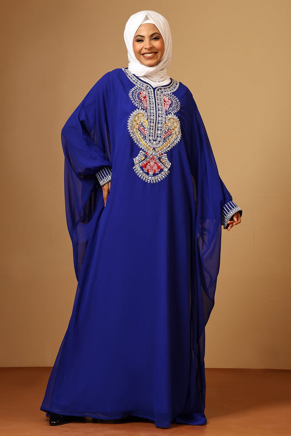 Luxury Fine Georgette Kaftan Abaya with Heavy Silver Zari Embroidery - EastEssence.com