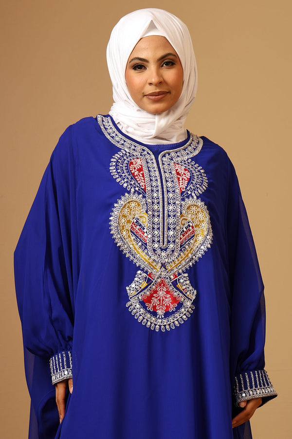 Luxury Fine Georgette Kaftan Abaya with Heavy Silver Zari Embroidery - EastEssence.com