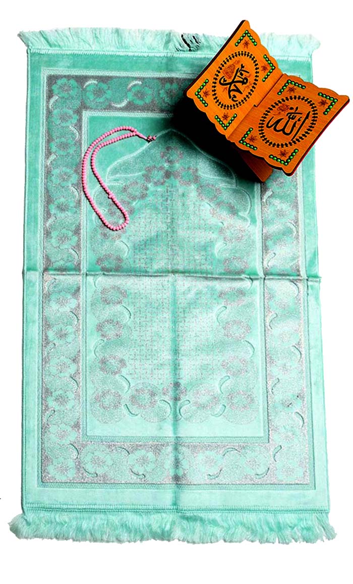 Luxury Islamic Gift Set ·Prayer Rug, Wooden Rehal & Tasbeeh - Aqua - EastEssence.com