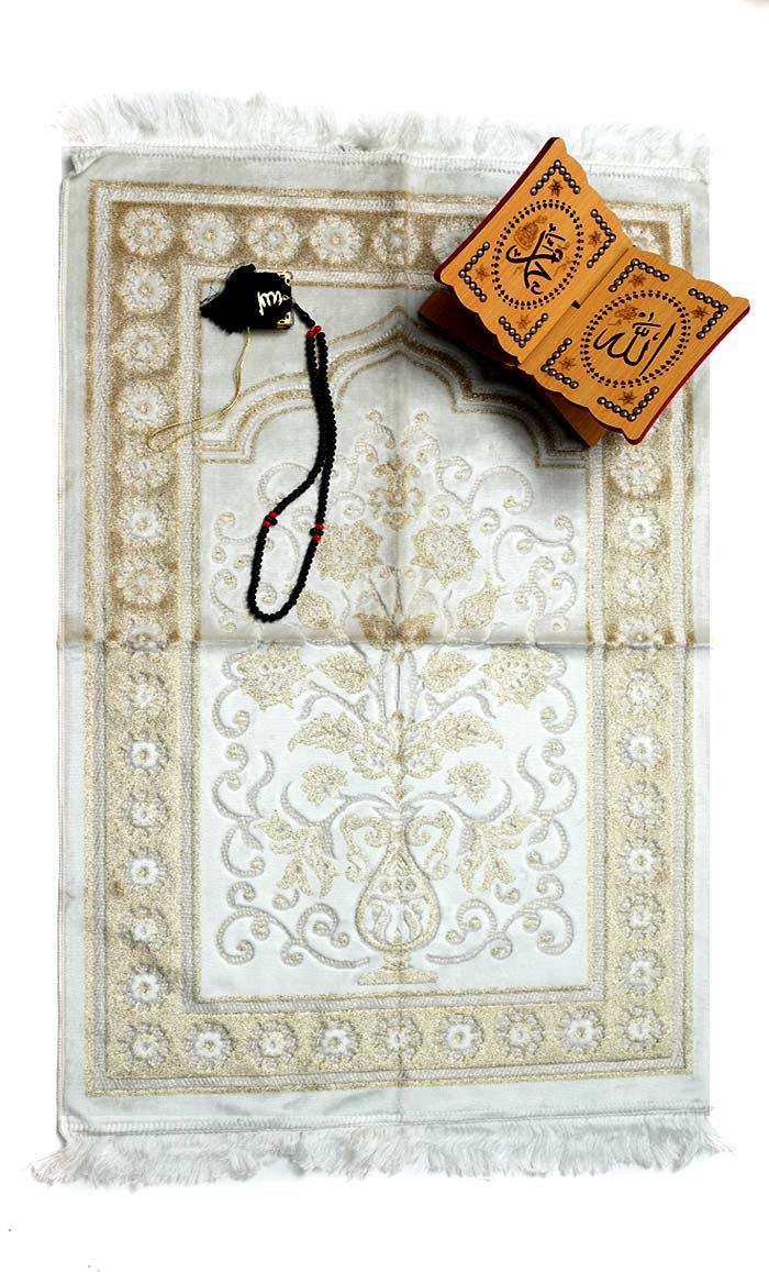 Luxury Islamic Gift Set ·Prayer Rug, Wooden Rehal & Tasbeeh - Beige - EastEssence.com