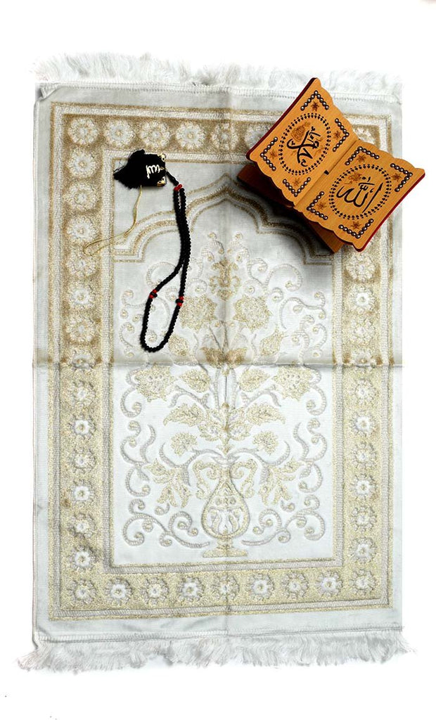 Luxury Islamic Gift Set – Prayer Rug, Wooden Rehal & Tasbeeh - Beige - EastEssence.com