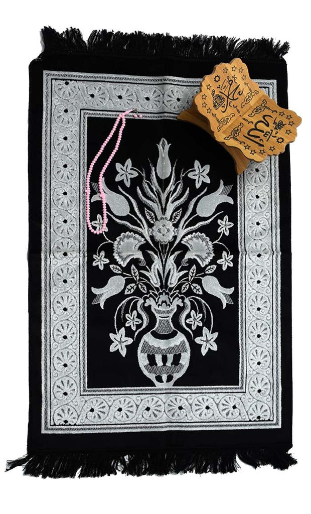 Luxury Islamic Gift Set – Prayer Rug, Wooden Rehal & Tasbeeh - Black - EastEssence.com