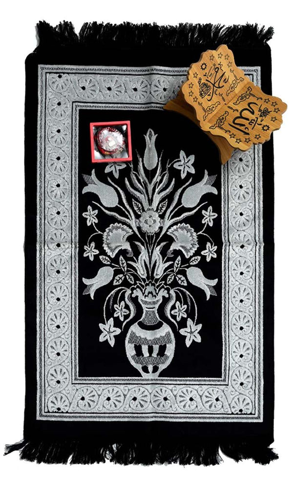 Luxury Islamic Gift Set ·Prayer Rug, Wooden Rehal & Tasbeeh - Black - EastEssence.com