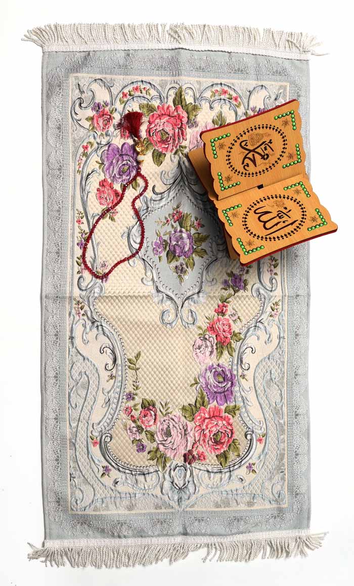 Luxury Islamic Gift Set ·Prayer Rug, Wooden Rehal & Tasbeeh - Grey - EastEssence.com