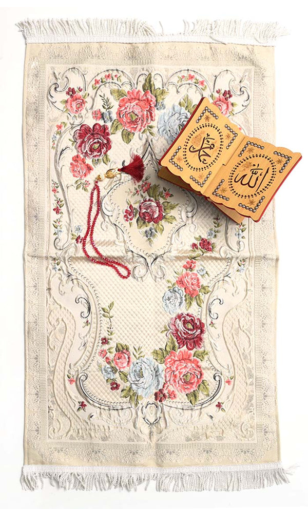 Luxury Islamic Gift Set ·Prayer Rug, Wooden Rehal & Tasbeeh - Pink - EastEssence.com