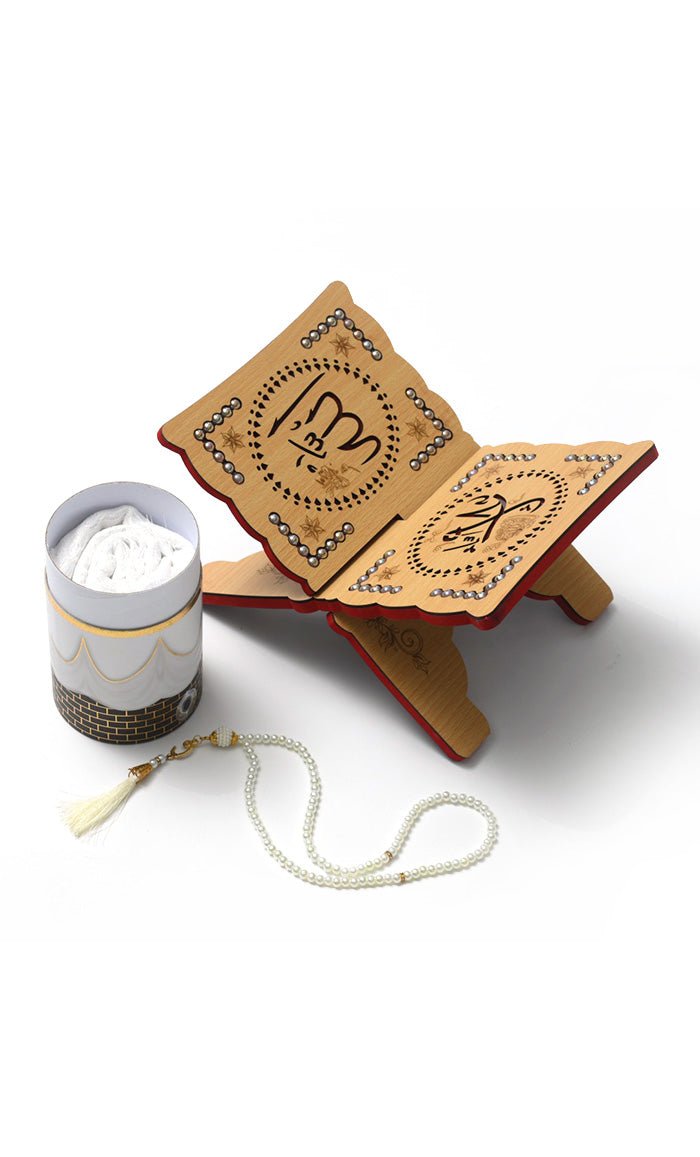 Luxury Islamic Gift Set ??Prayer Rug, Wooden Rehal & Tasbeeh - Pink - EastEssence.com
