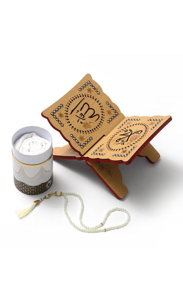 Luxury Islamic Gift Set ??Prayer Rug, Wooden Rehal & Tasbeeh - Pink - EastEssence.com