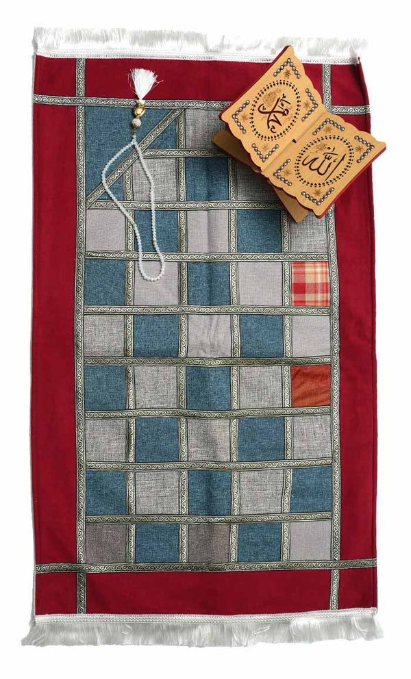 Luxury Islamic Gift Set ·Prayer Rug, Wooden Rehal & Tasbeeh - Red - EastEssence.com