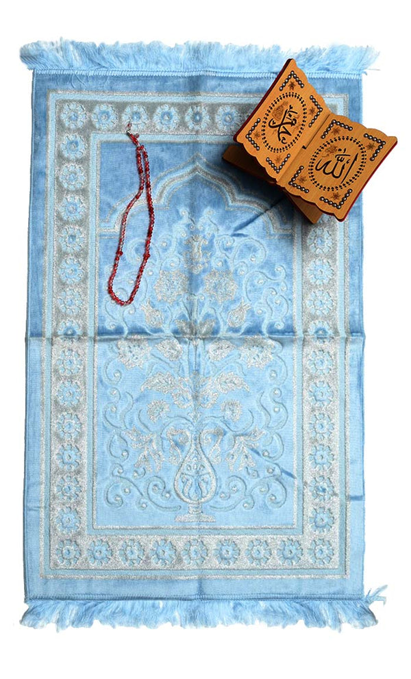 Luxury Islamic Gift Set ·Prayer Rug, Wooden Rehal & Tasbeeh - Sky Blue - EastEssence.com