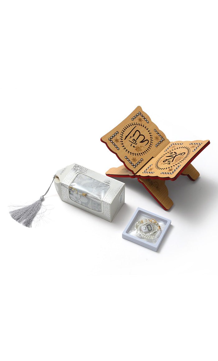 Luxury Islamic Gift Set ·Prayer Rug, Wooden Rehal & Tasbeeh - White - EastEssence.com