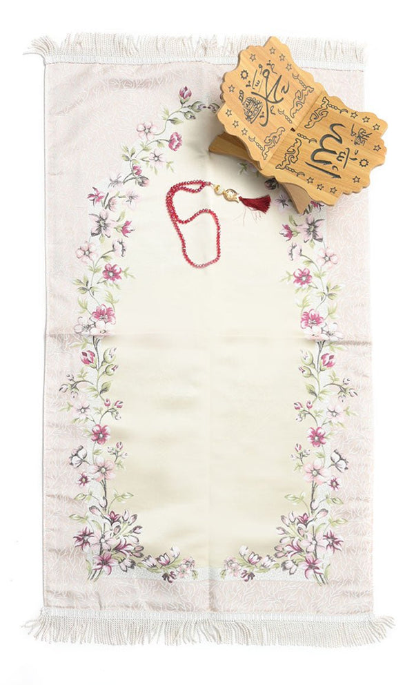 Luxury Islamic Gift Set ·Prayer Rug, Wooden Rehal & Tasbeeh - White - EastEssence.com