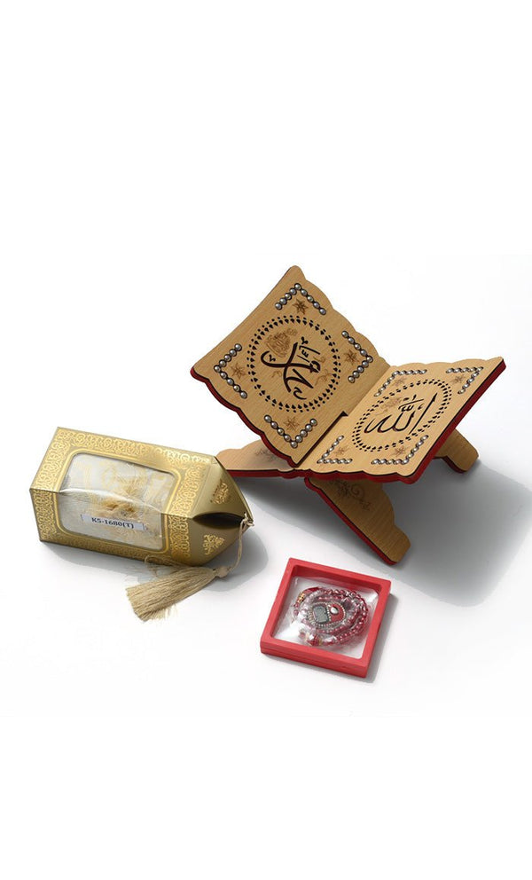 Luxury Islamic Gift Set ·Prayer Rug, Wooden Rehal & Tasbeeh - Yellow - EastEssence.com