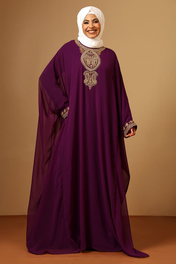Luxury Plum Fine Georgette Kaftan with Gold Zari Embroidery - EastEssence.com