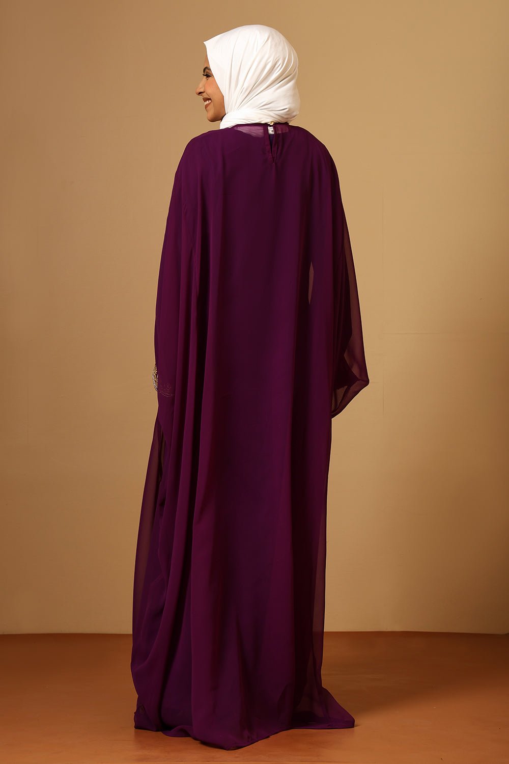 Luxury Plum Fine Georgette Kaftan with Gold Zari Embroidery - EastEssence.com