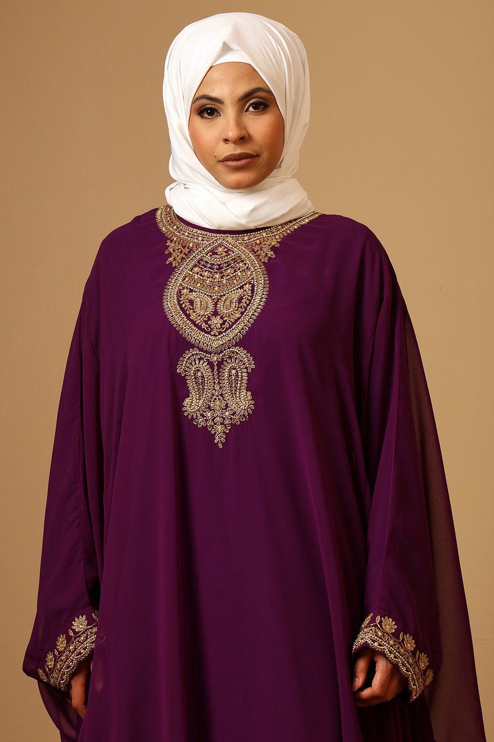 Luxury Plum Fine Georgette Kaftan with Gold Zari Embroidery - EastEssence.com