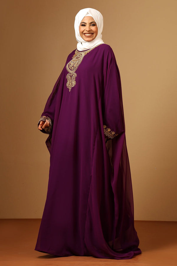 Luxury Plum Fine Georgette Kaftan with Gold Zari Embroidery - EastEssence.com