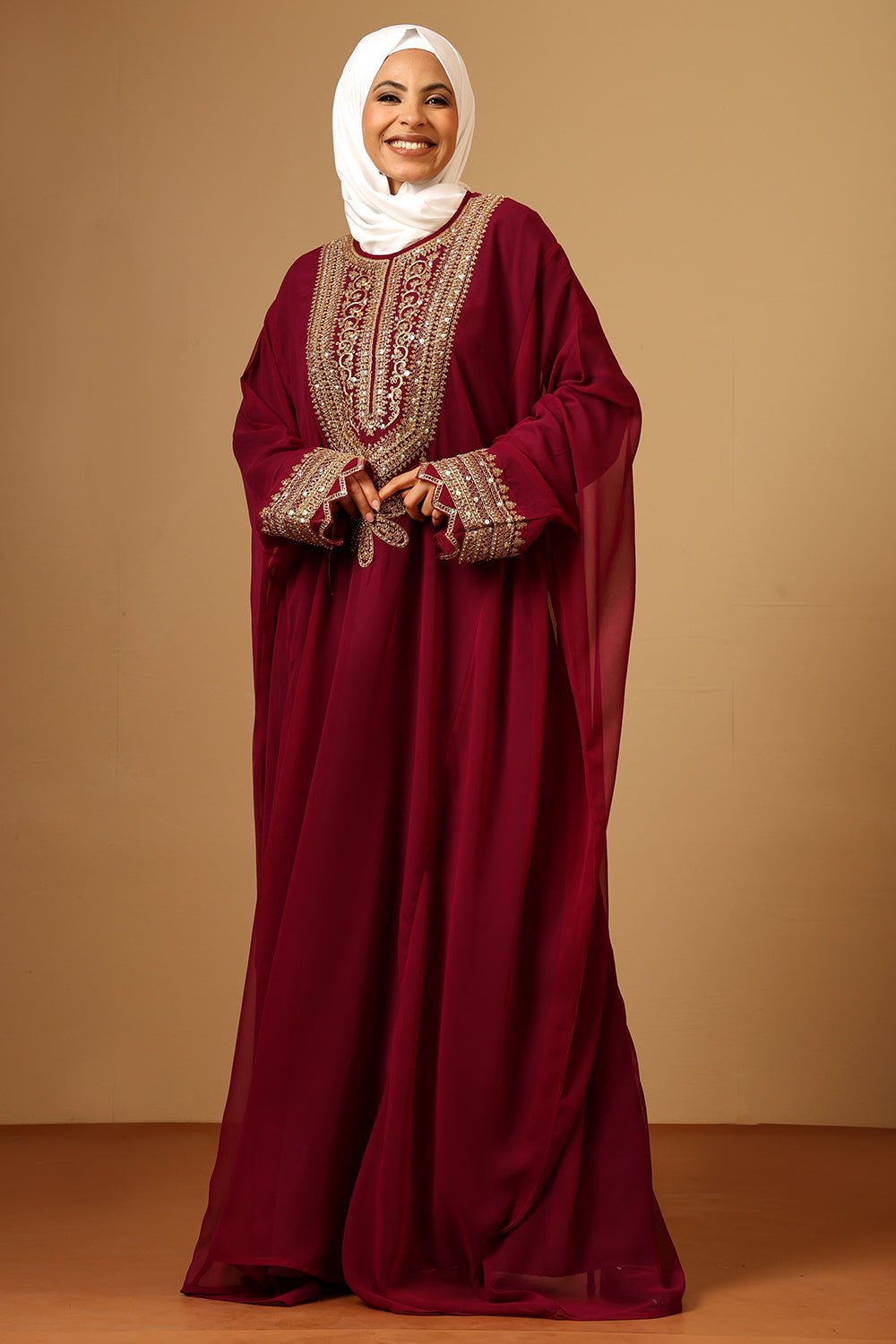 Luxury Wine Fine Georgette Kaftan with Gold Zari Embroidery - EastEssence.com