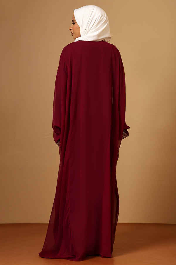 Luxury Wine Fine Georgette Kaftan with Gold Zari Embroidery - EastEssence.com