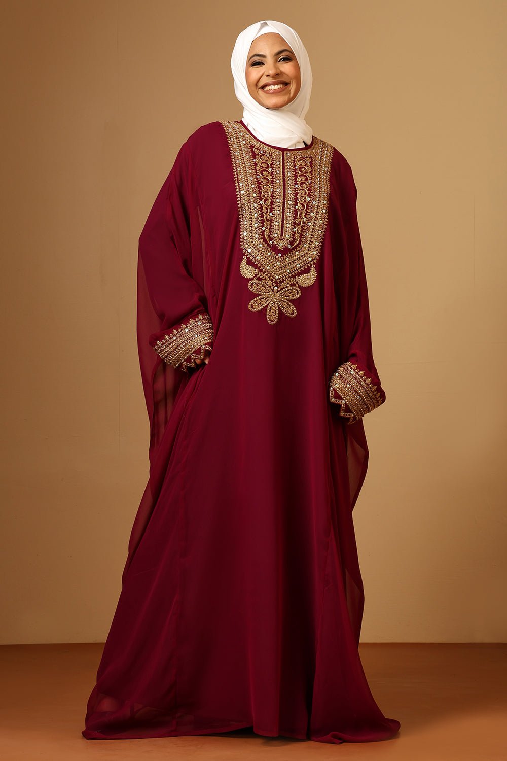 Luxury Wine Fine Georgette Kaftan with Gold Zari Embroidery - EastEssence.com