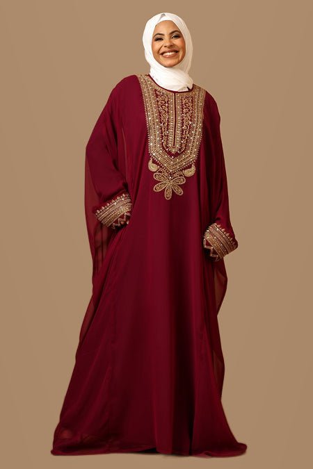Luxury Wine Fine Georgette Kaftan with Gold Zari Embroidery - EastEssence.com