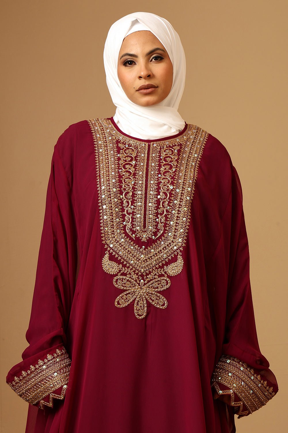 Luxury Wine Fine Georgette Kaftan with Gold Zari Embroidery - EastEssence.com