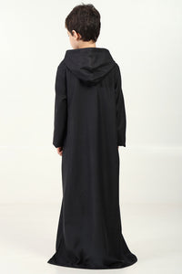 Hoodie-Style Thobe in Polyester Slub Poplin – Black