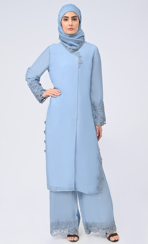 Madiha Modest Sky Blue Salwar Qameez Set With Matching Hijab - Final Sale - EastEssence.com