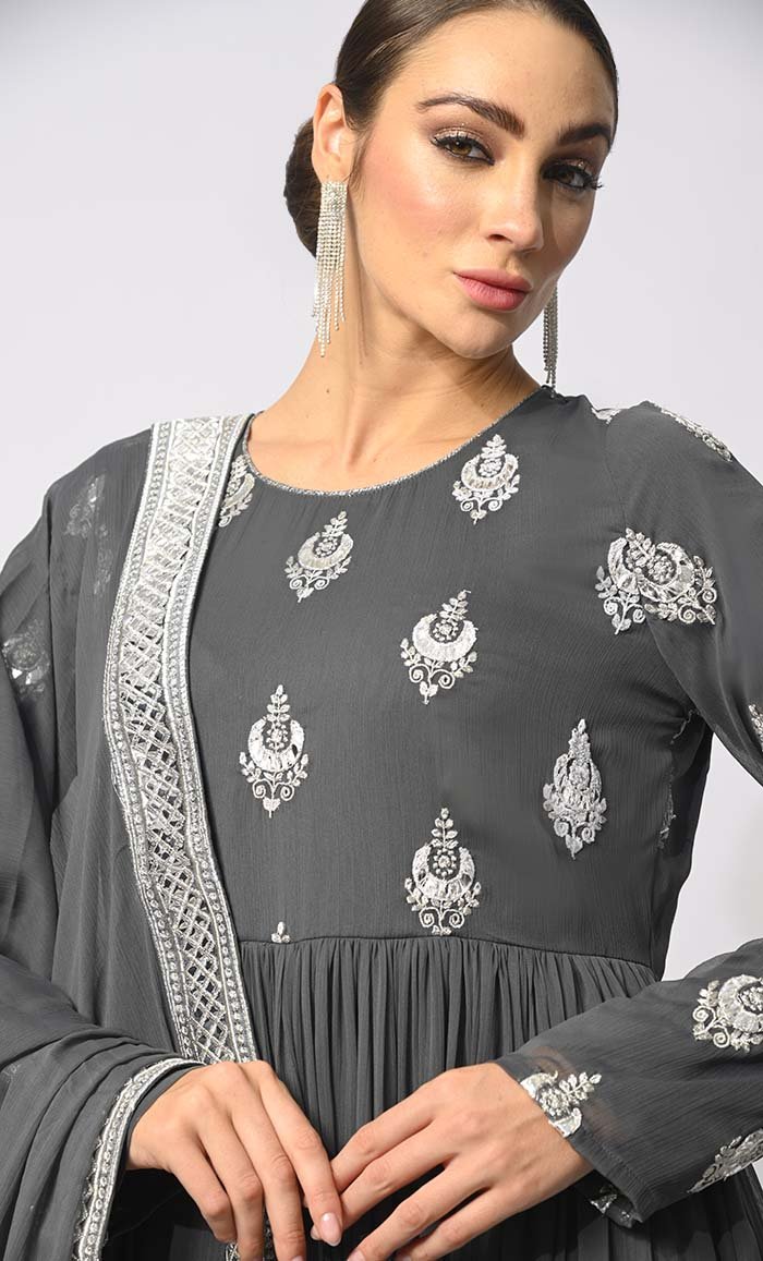 Majestic Mirage: Foil and Zari Embroidered Grey Anarkali with Dupatta - EastEssence.com